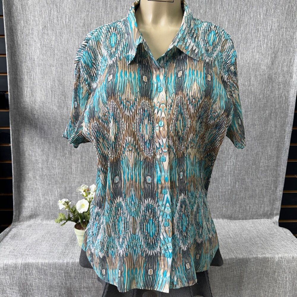 Cato Woman Plisse Blouse 26/28W Teal Abstract Micro Pleat Button Down Shirt Plus